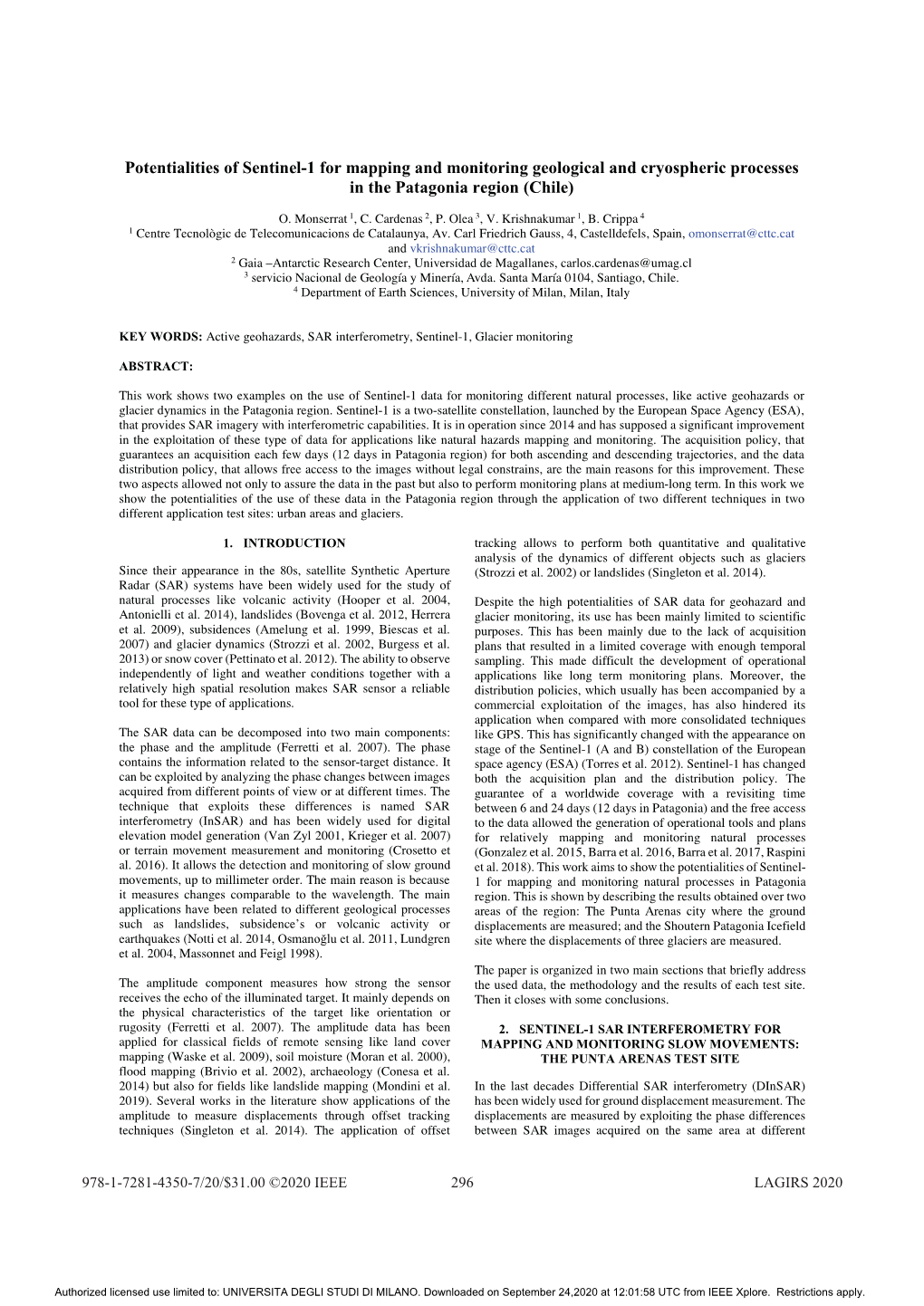 Potentialities of Sentinel-1 for Mapping and Monitoring Geological and Cryospheric Processes in the Patagonia Region (Chile)