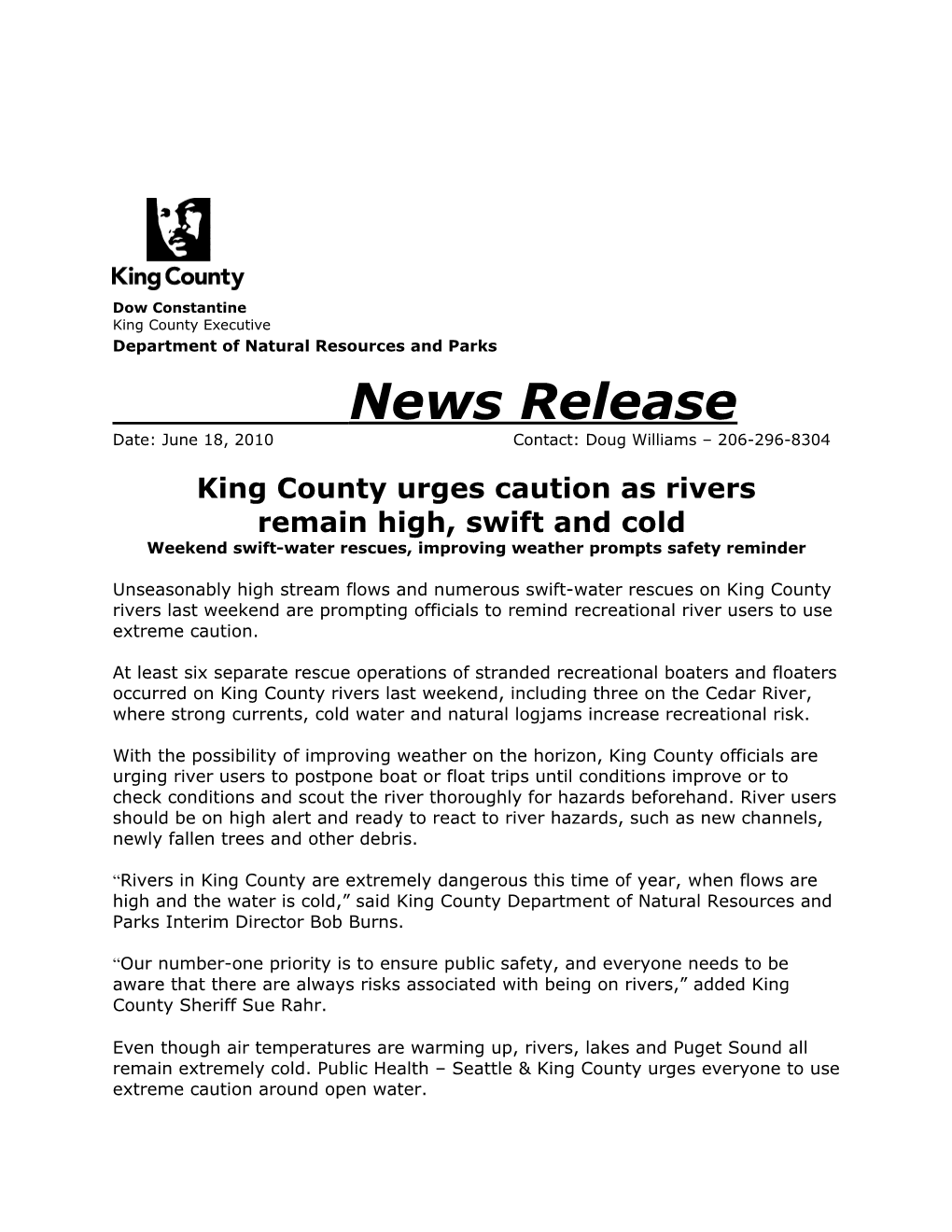 King County Urges Caution As Rivers Remain High, Swift and Cold