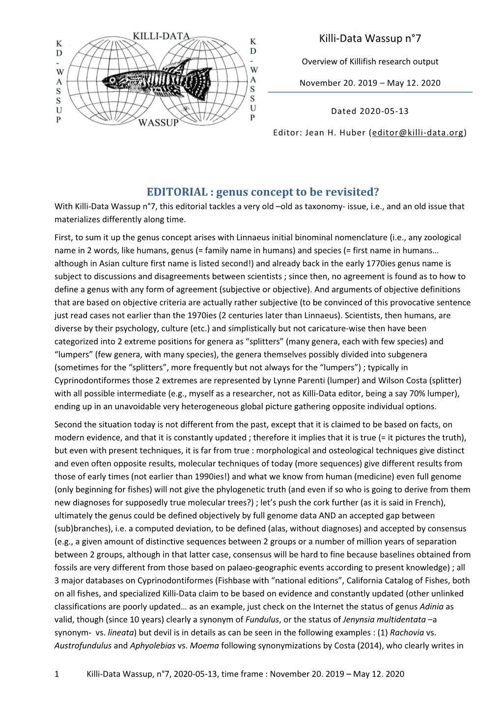 Killi-Data Wassup N°7 EDITORIAL : Genus Concept to Be Revisited?