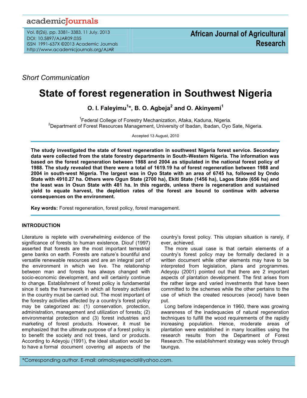 State of Forest Regeneration in Southwest Nigeria