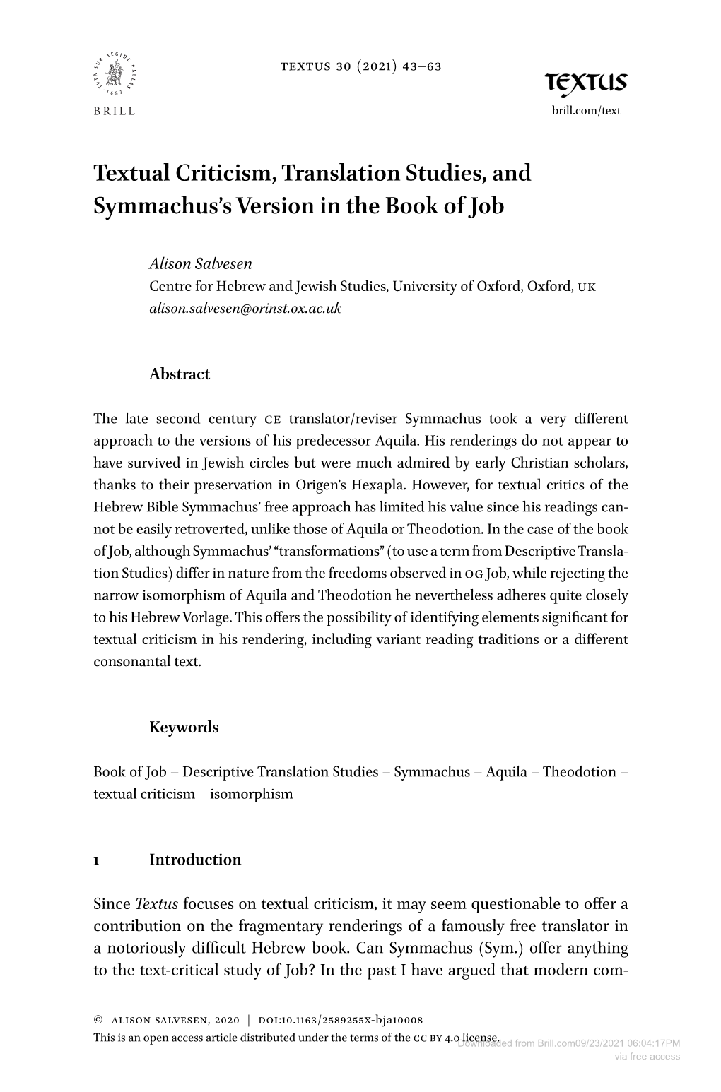 Textual Criticism,Translation Studies, and Symmachus'sversion in The