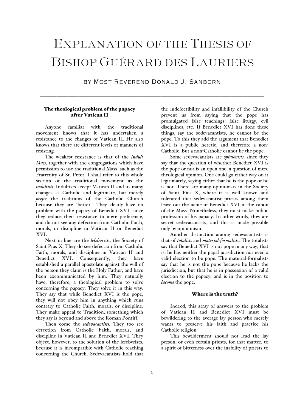 Explanation of the Thesis of Bishop Guérard Des Lauriers
