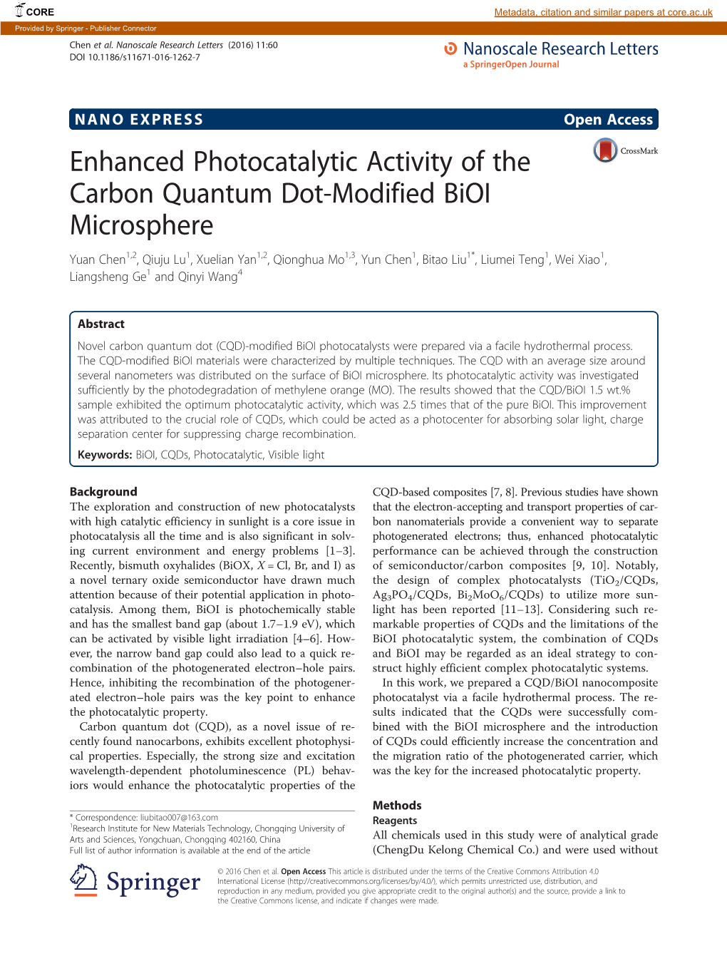 Enhanced Photocatalytic Activity of the Carbon Quantum Dot-Modified Bioi Microsphere