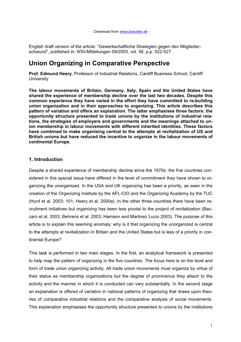 A Comparative Analysis of Trade Union Organising