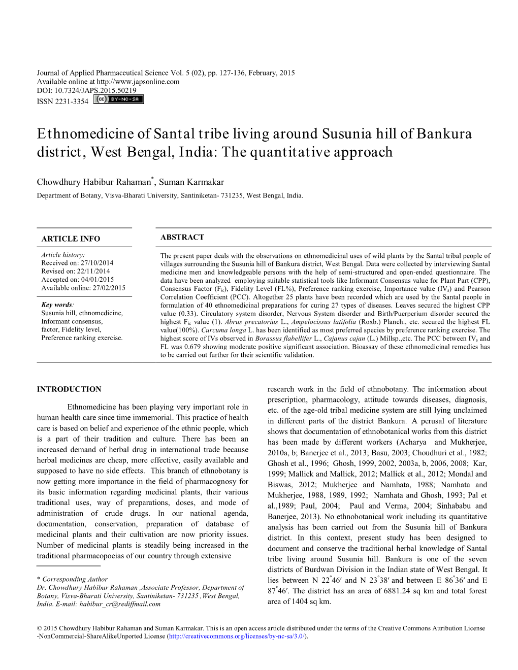 Ethnomedicine of Santal Tribe Living Around Susunia Hill of Bankura District, West Bengal, India: the Quantitative Approach