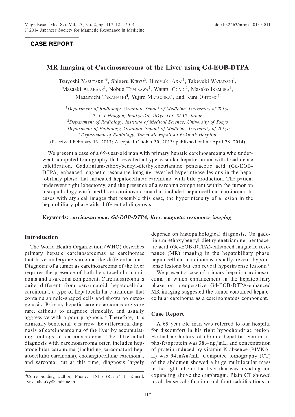 MR Imaging of Carcinosarcoma of the Liver Using Gd-EOB-DTPA