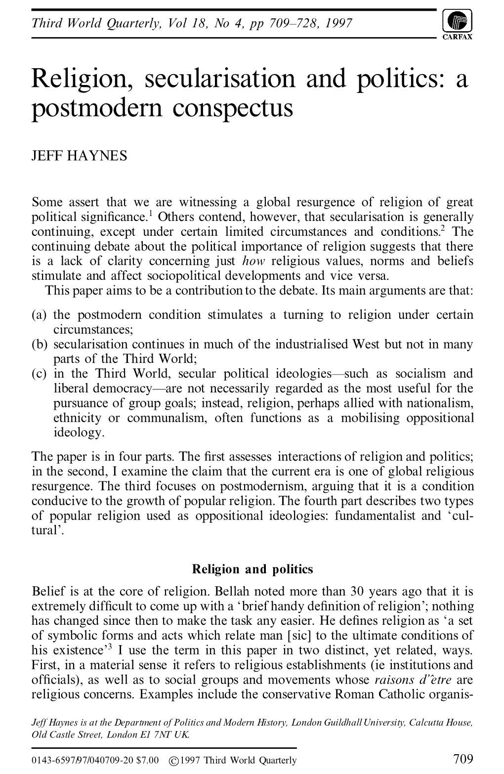 Religion, Secularisation and Politics: a Postmodern Conspectus