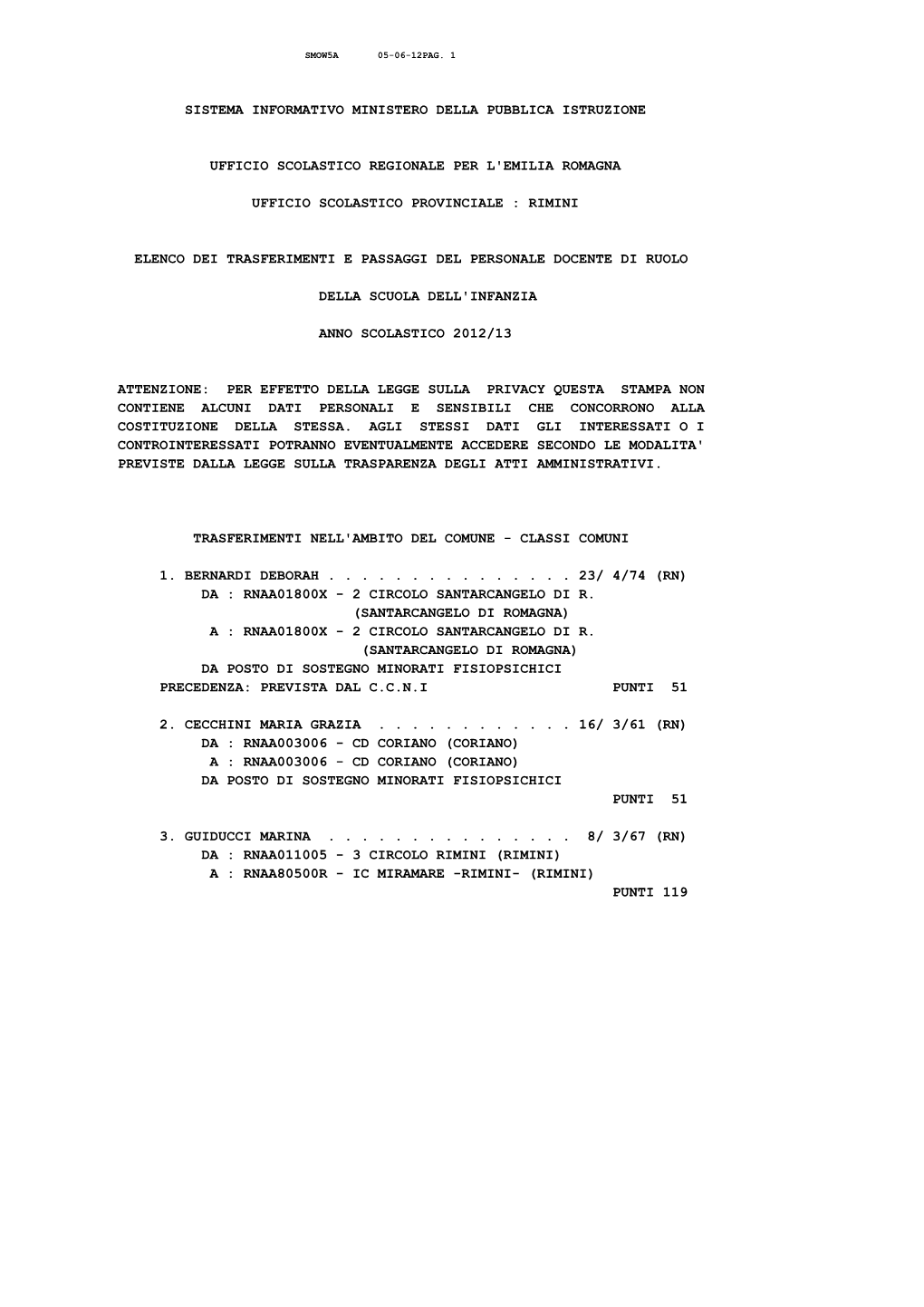 Sistema Informativo Ministero Della Pubblica Istruzione Ufficio Scolastico Regionale Per L'emilia Romagna Ufficio Scolastico