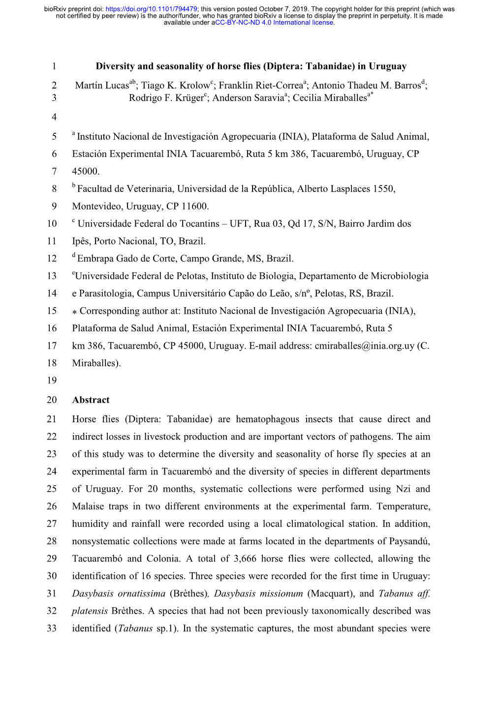Diversity and Seasonality of Horse Flies (Diptera: Tabanidae) in Uruguay 2 Martín Lucasab; Tiago K