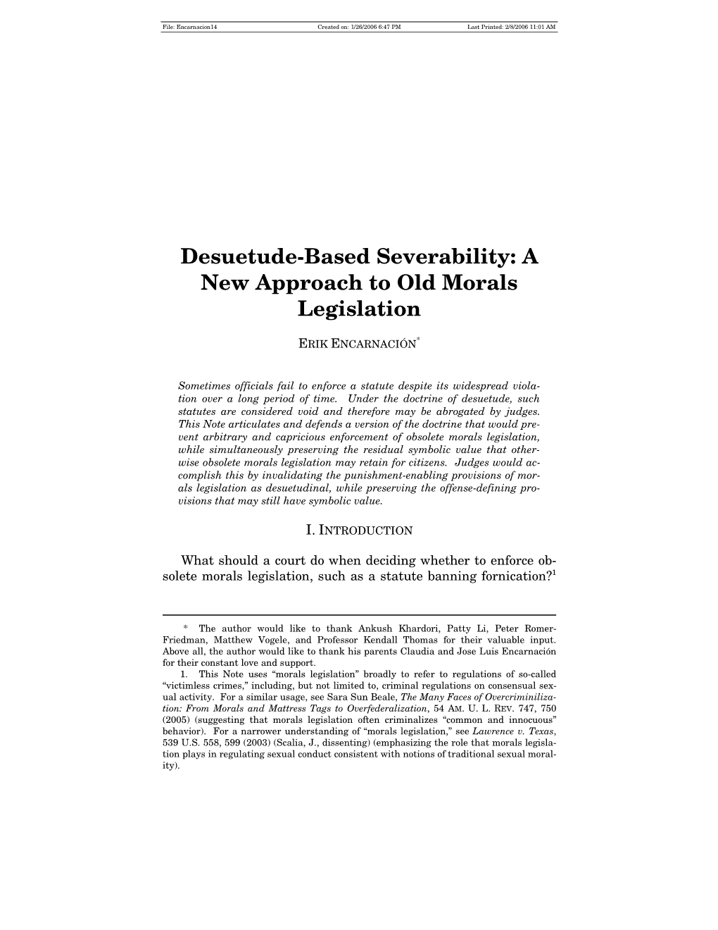 Desuetude-Based Severability: a New Approach to Old Morals Legislation