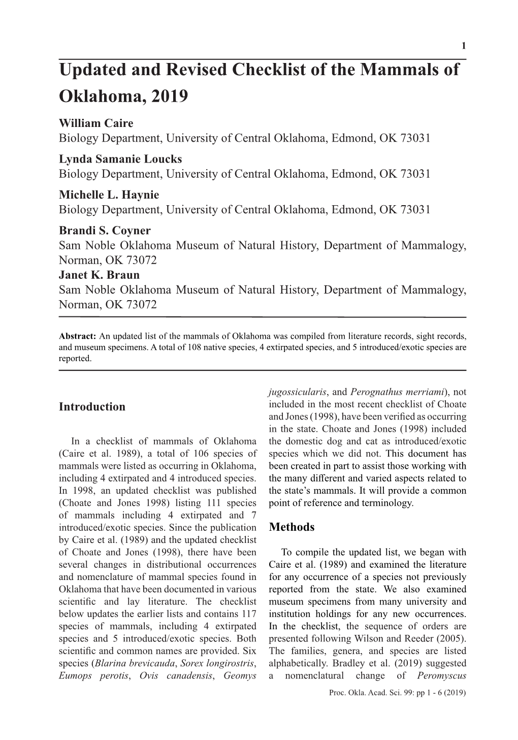 Updated and Revised Checklist of the Mammals of Oklahoma, 2019