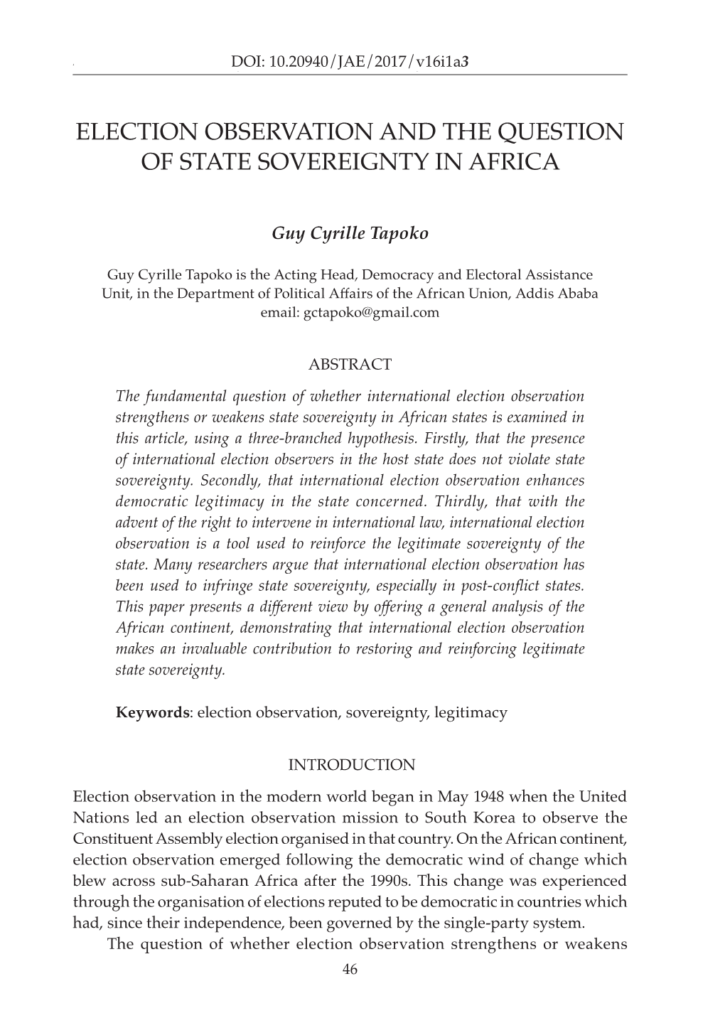 Election Observation and the Question of State Sovereignty in Africa