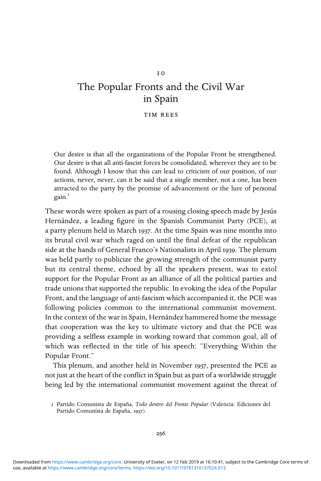 The Popular Fronts and the Civil War in Spain Tim Rees