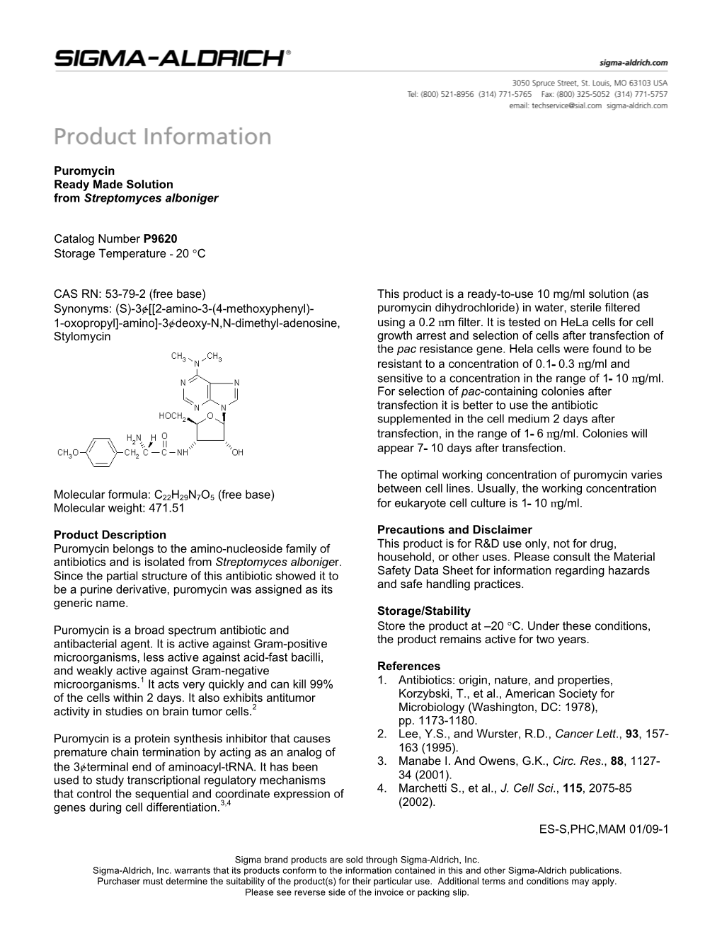 Puromycin Ready Made Solution (P9620)