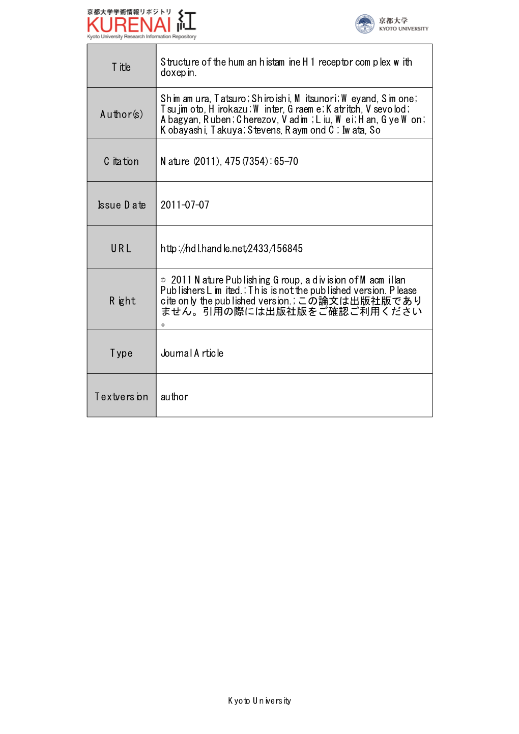 Title Structure of the Human Histamine H1 Receptor Complex with Doxepin