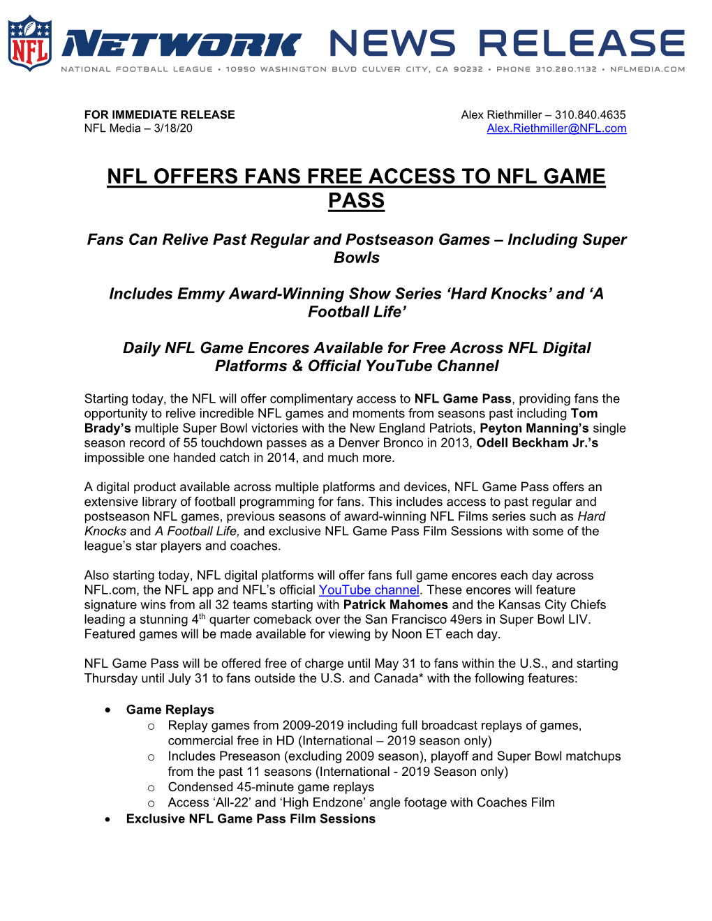 Nfl Offers Fans Free Access to Nfl Game Pass