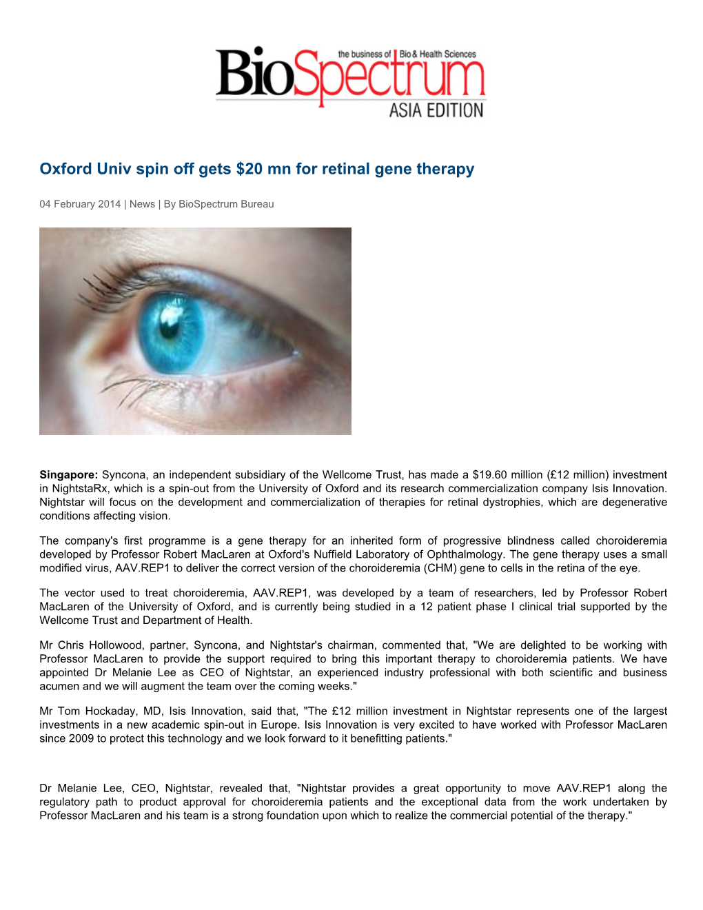 Oxford Univ Spin Off Gets $20 Mn for Retinal Gene Therapy