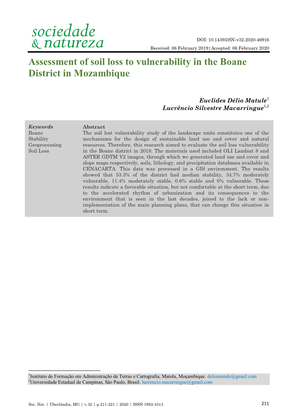 Assessment of Soil Loss to Vulnerability in the Boane District in Mozambique