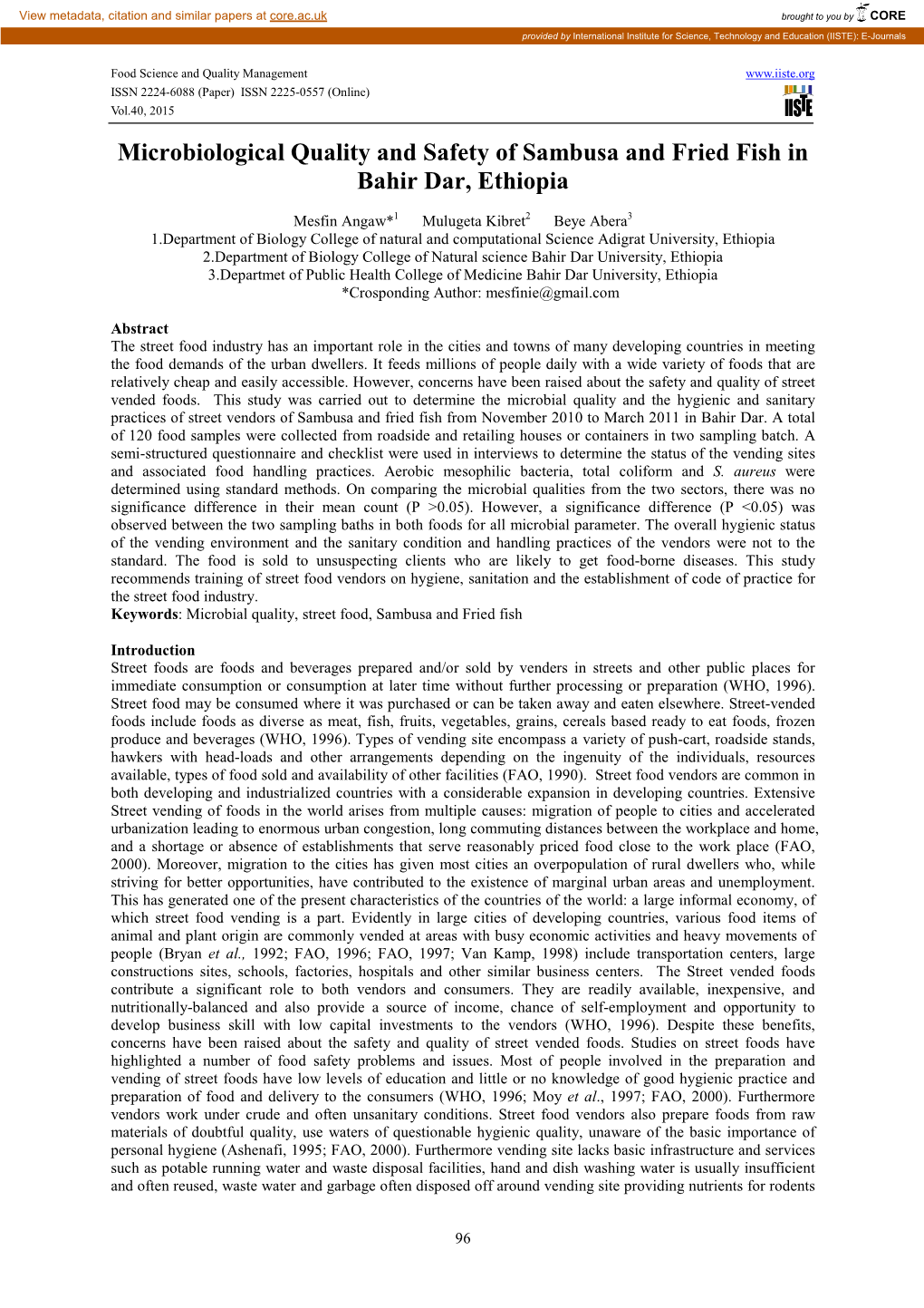 Microbiological Quality and Safety of Sambusa and Fried Fish in Bahir Dar, Ethiopia