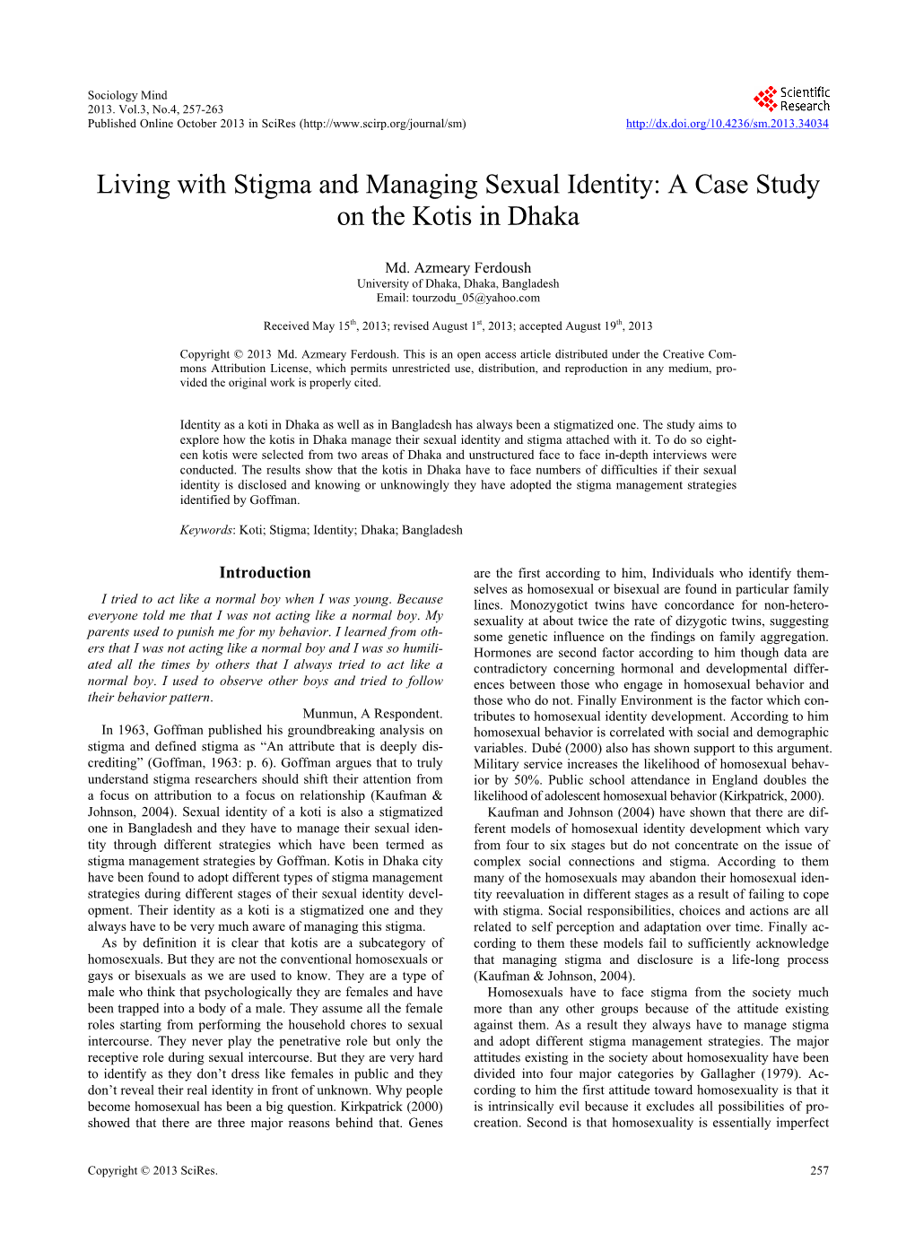 Living with Stigma and Managing Sexual Identity: a Case Study on the Kotis in Dhaka