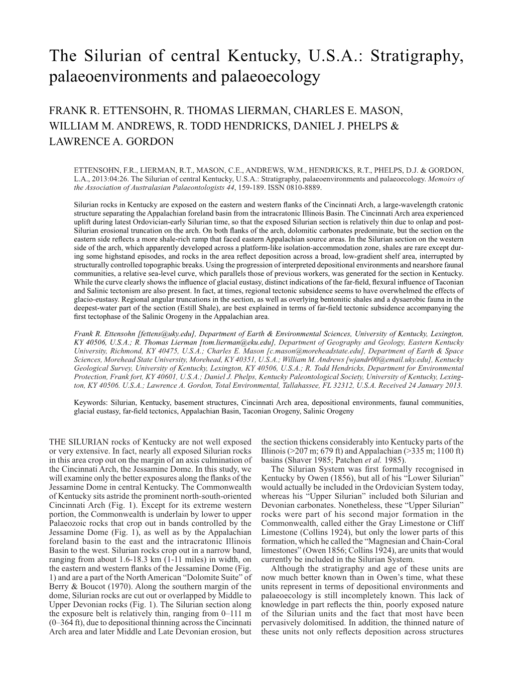 The Silurian of Central Kentucky, U.S.A.: Stratigraphy, Palaeoenvironments and Palaeoecology