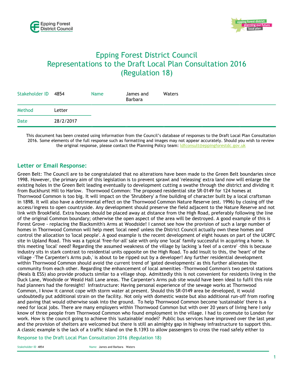 Epping Forest District Council Representations to the Draft Local Plan Consultation 2016 (Regulation 18)