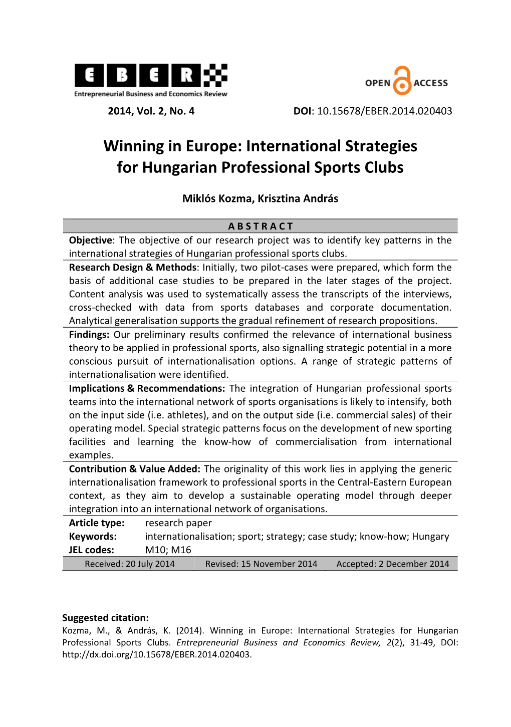 International Strategies for Hungarian Professional Sports Clubs