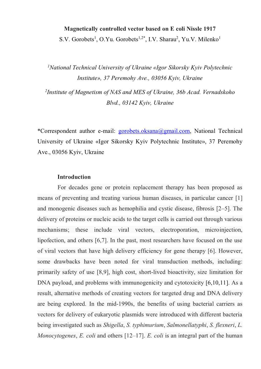 Magnetically Controlled Vector Based on E Coli Nissle 1917 S.V. Gorobets1, O.Yu