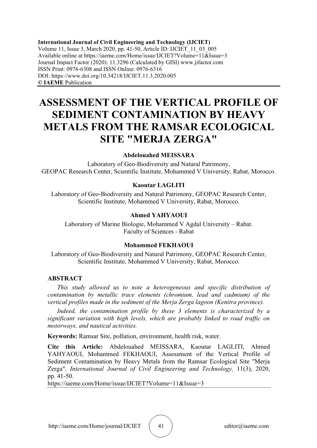 Assessment of the Vertical Profile of Sediment Contamination by Heavy Metals from the Ramsar Ecological Site 