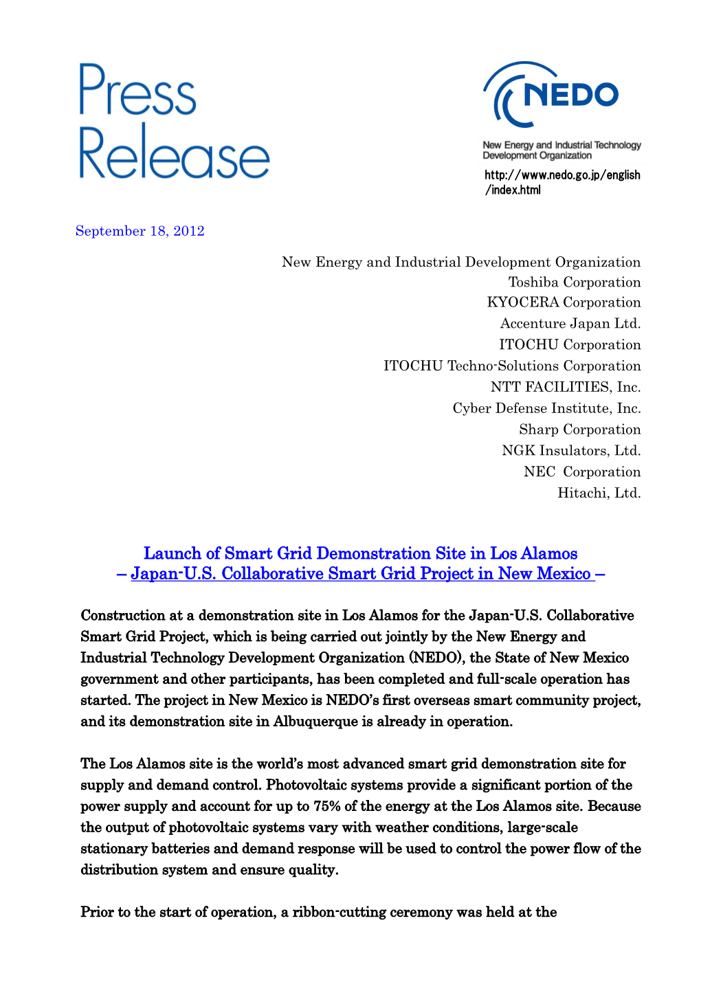 Launch of Smart Grid Demonstration Site in Los Alamos – Japan-U.S