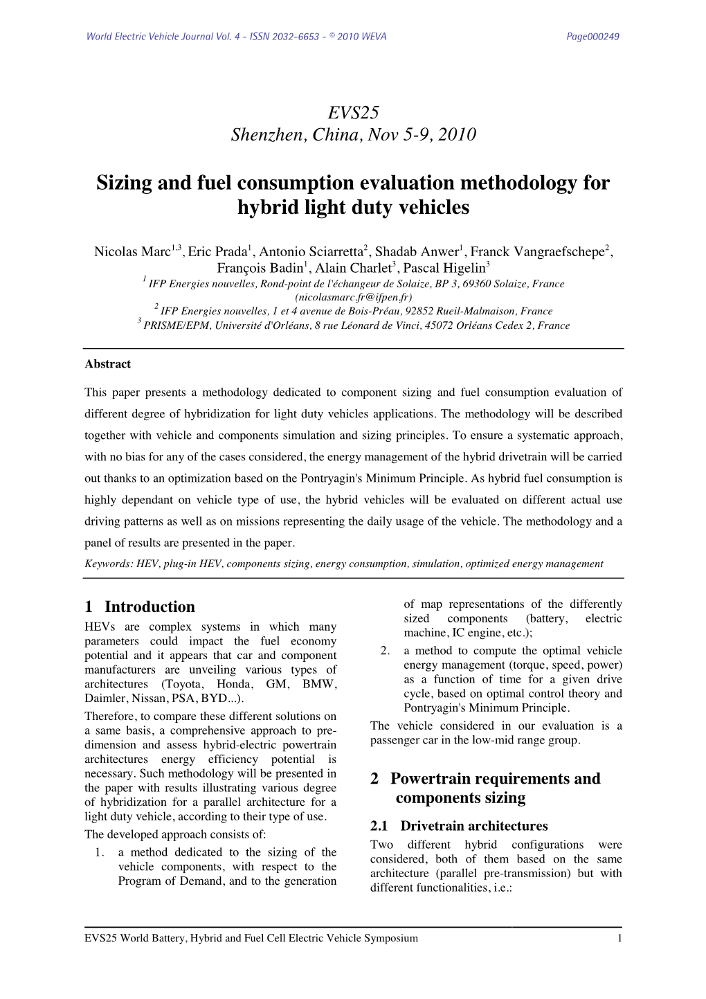 Sizing and Fuel Consumption Evaluation Methodology for Hybrid Light Duty Vehicles