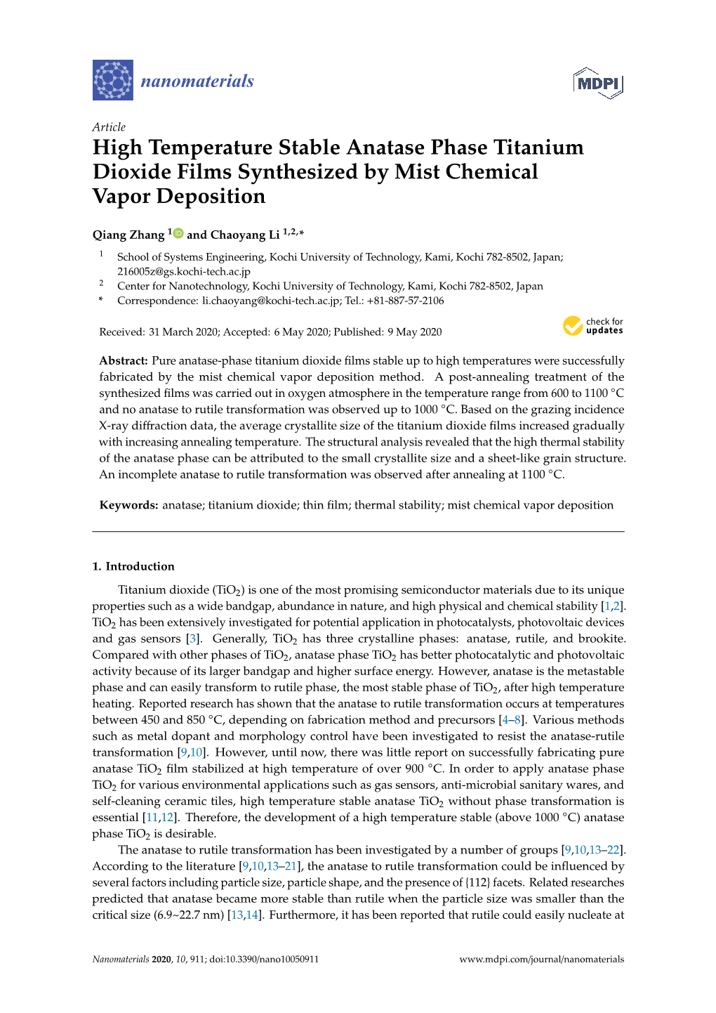 High Temperature Stable Anatase Phase Titanium Dioxide Films Synthesized by Mist Chemical Vapor Deposition