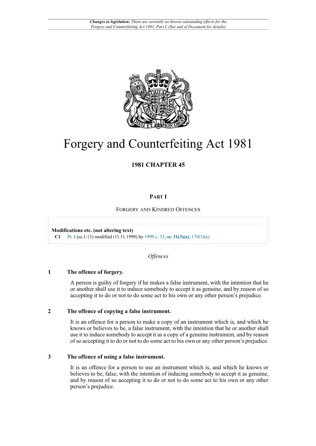 Forgery and Counterfeiting Act 1981, Part I