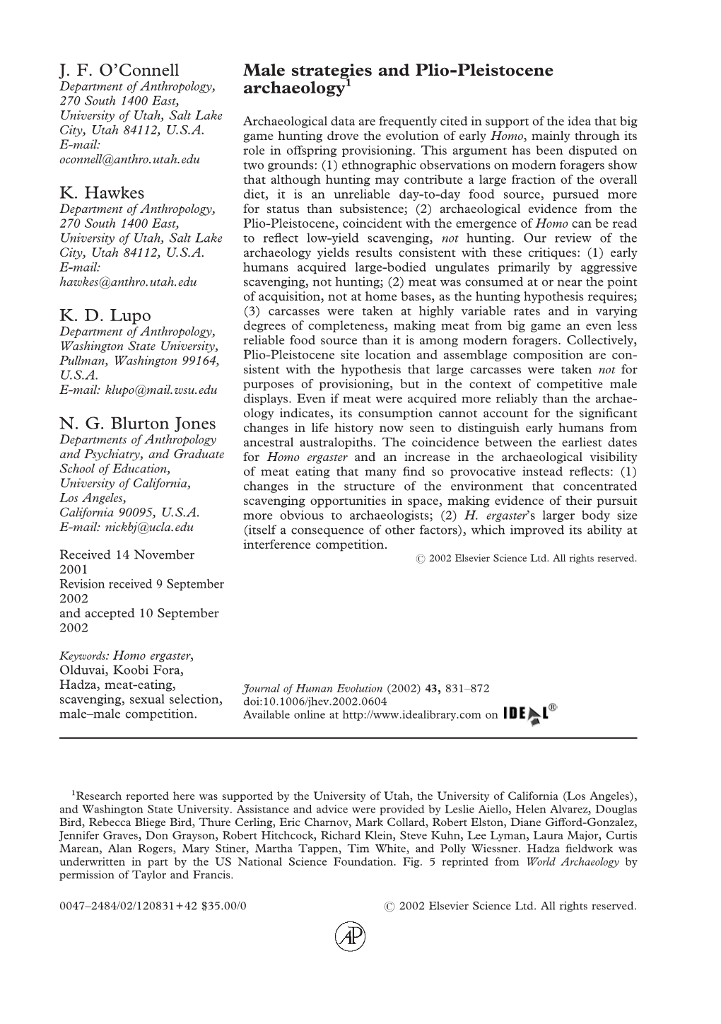 Male Strategies and Plio-Pleistocene Archaeology