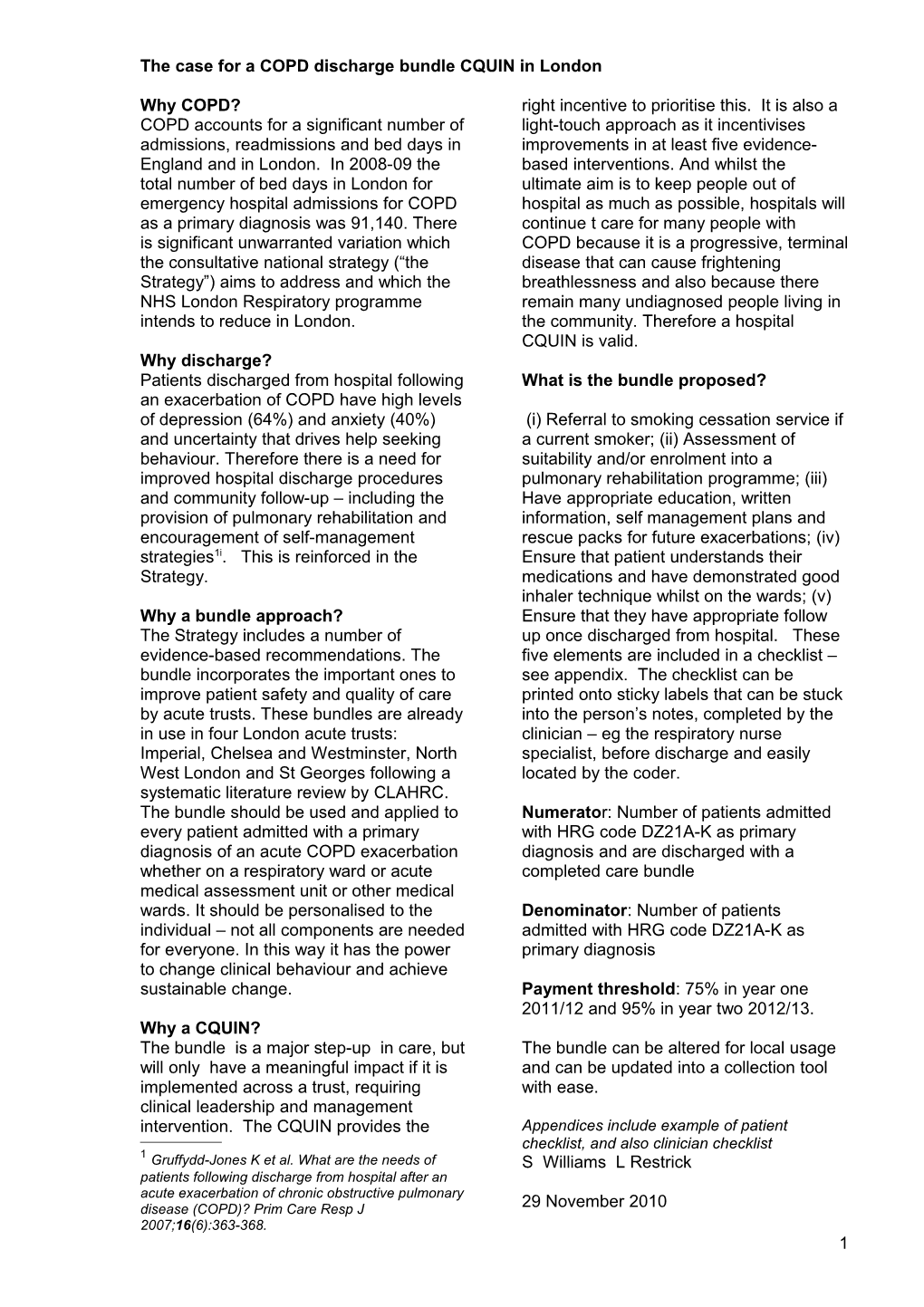 The Case for a COPD Discharge Bundle CQUIN in London