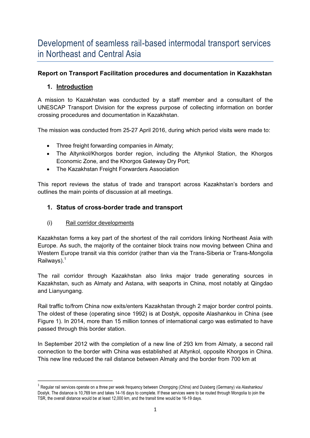 Development of Seamless Rail-Based Intermodal Transport Services in Northeast and Central Asia