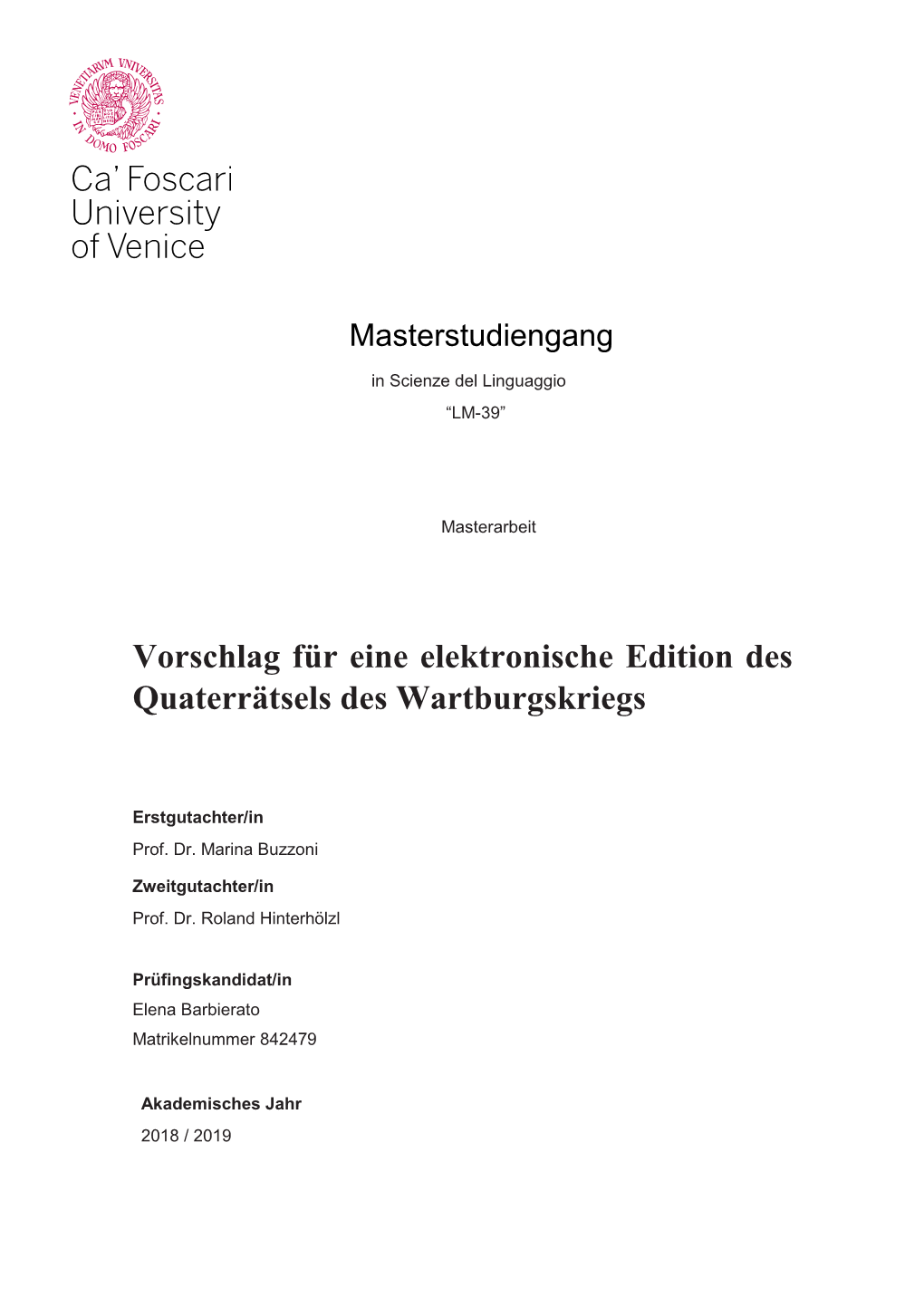 Vorschlag Für Eine Elektronische Edition Des Quaterrätsels Des Wartburgskriegs