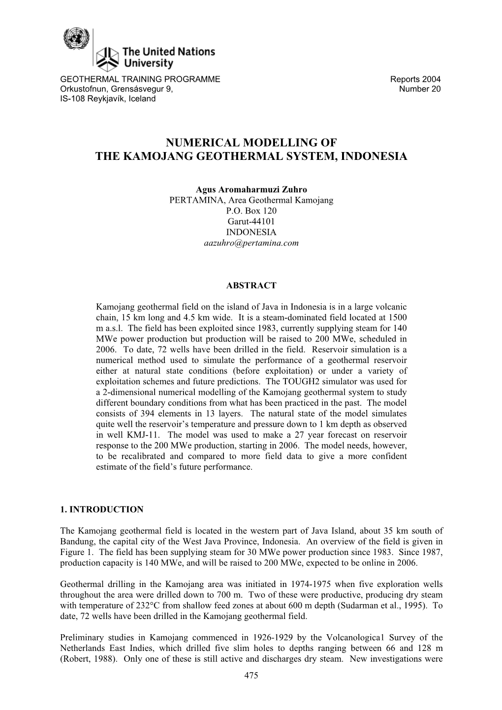 Numerical Modelling of the Kamojang Geothermal System, Indonesia