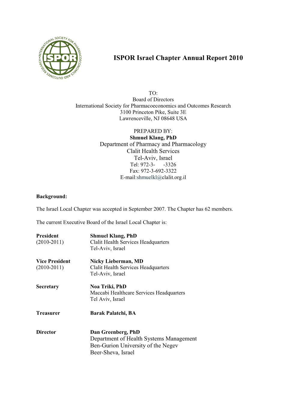 ISPOR Israel Chapter Annual Report 2010