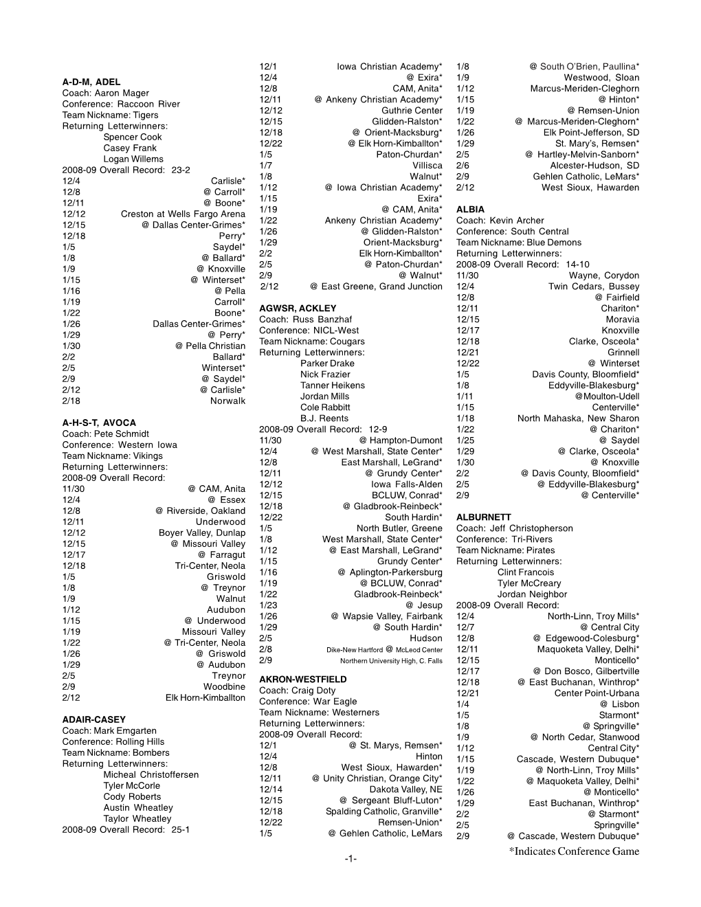 Basketball Schedules 2009-2010