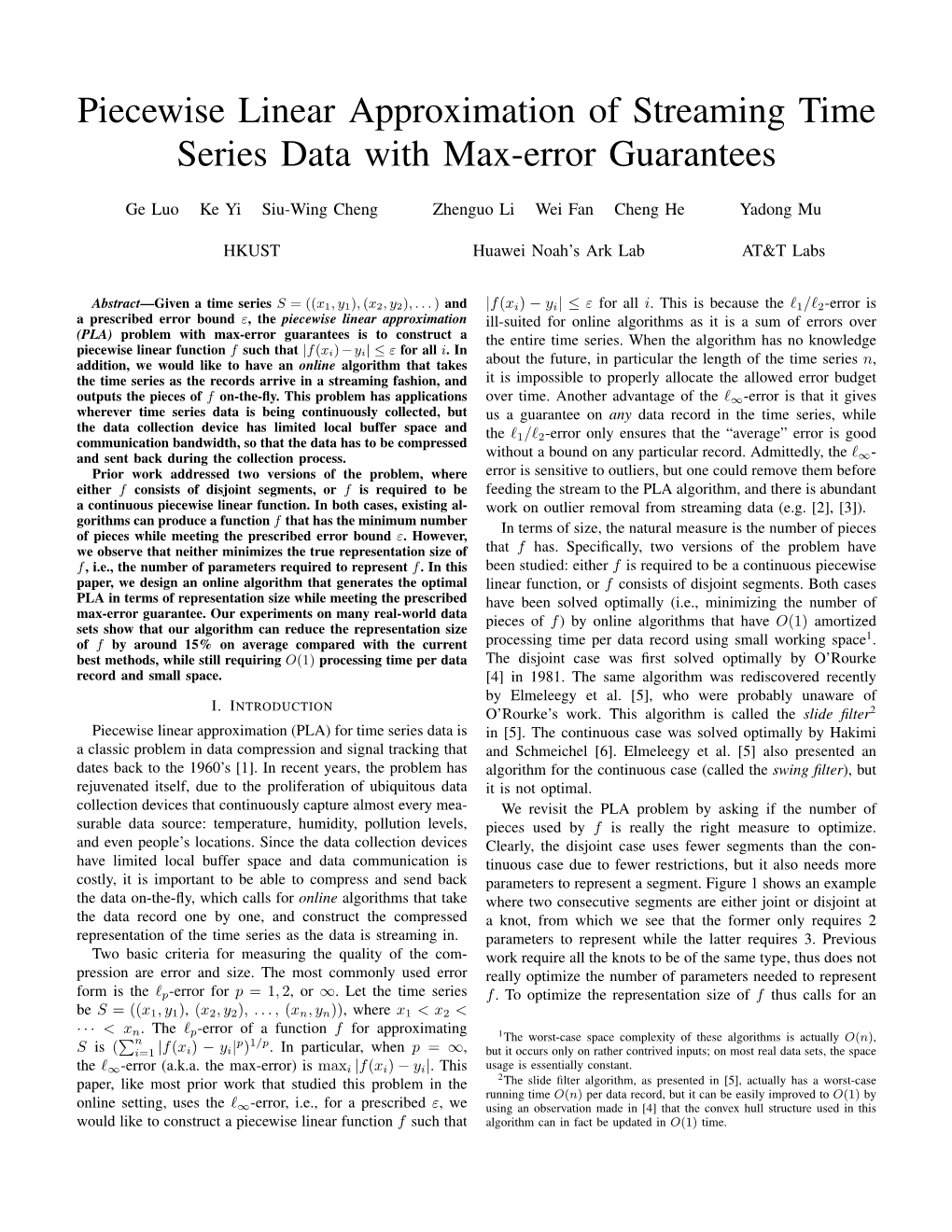 Piecewise Linear Approximation of Streaming Time Series Data with Max-Error Guarantees