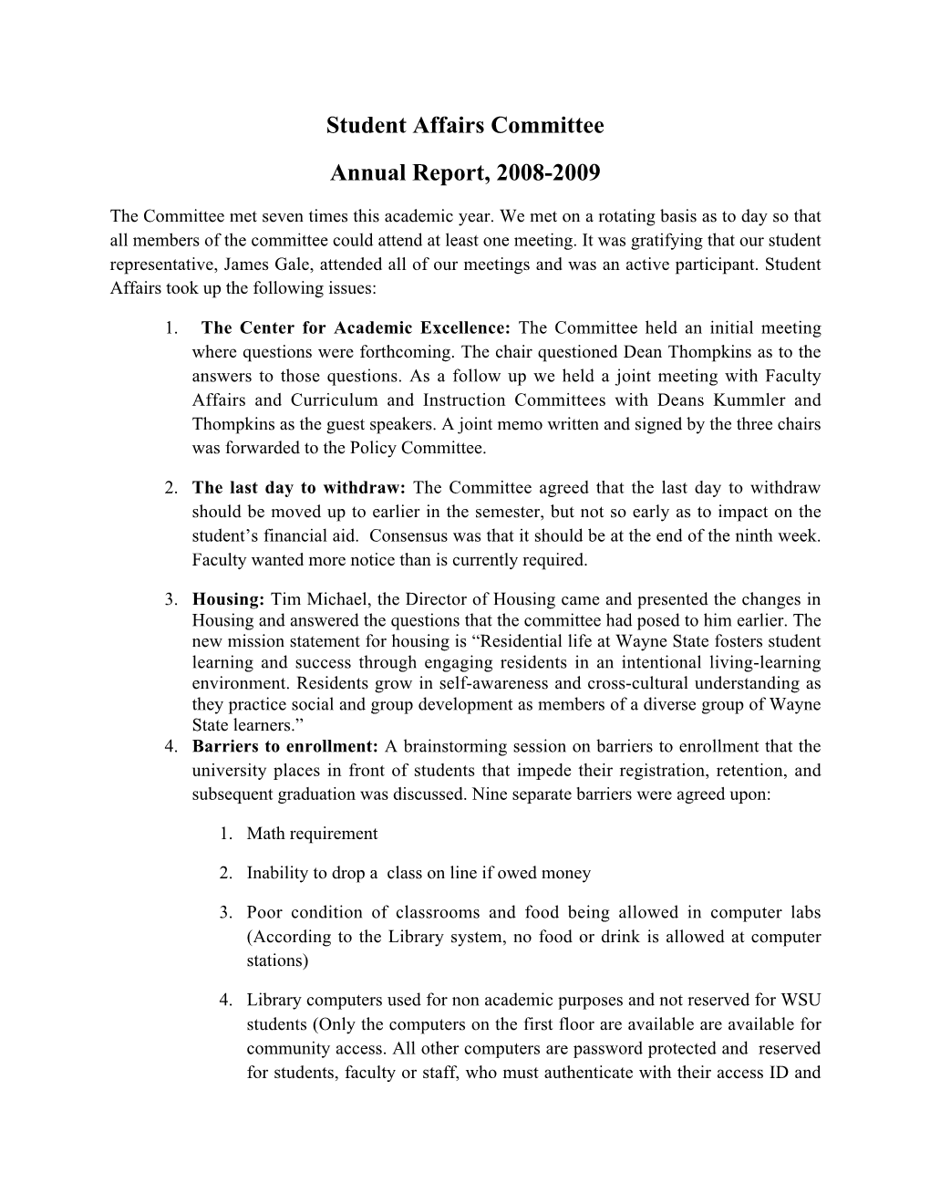 Student Affairs Committee Annual Report, 2008-2009