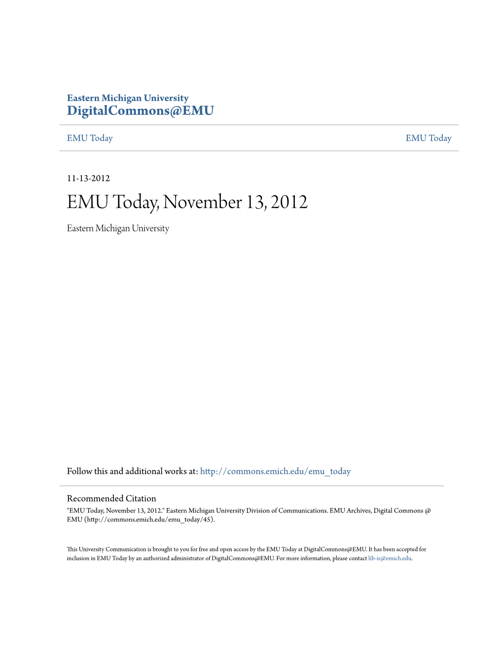 EMU Today, November 13, 2012 Eastern Michigan University