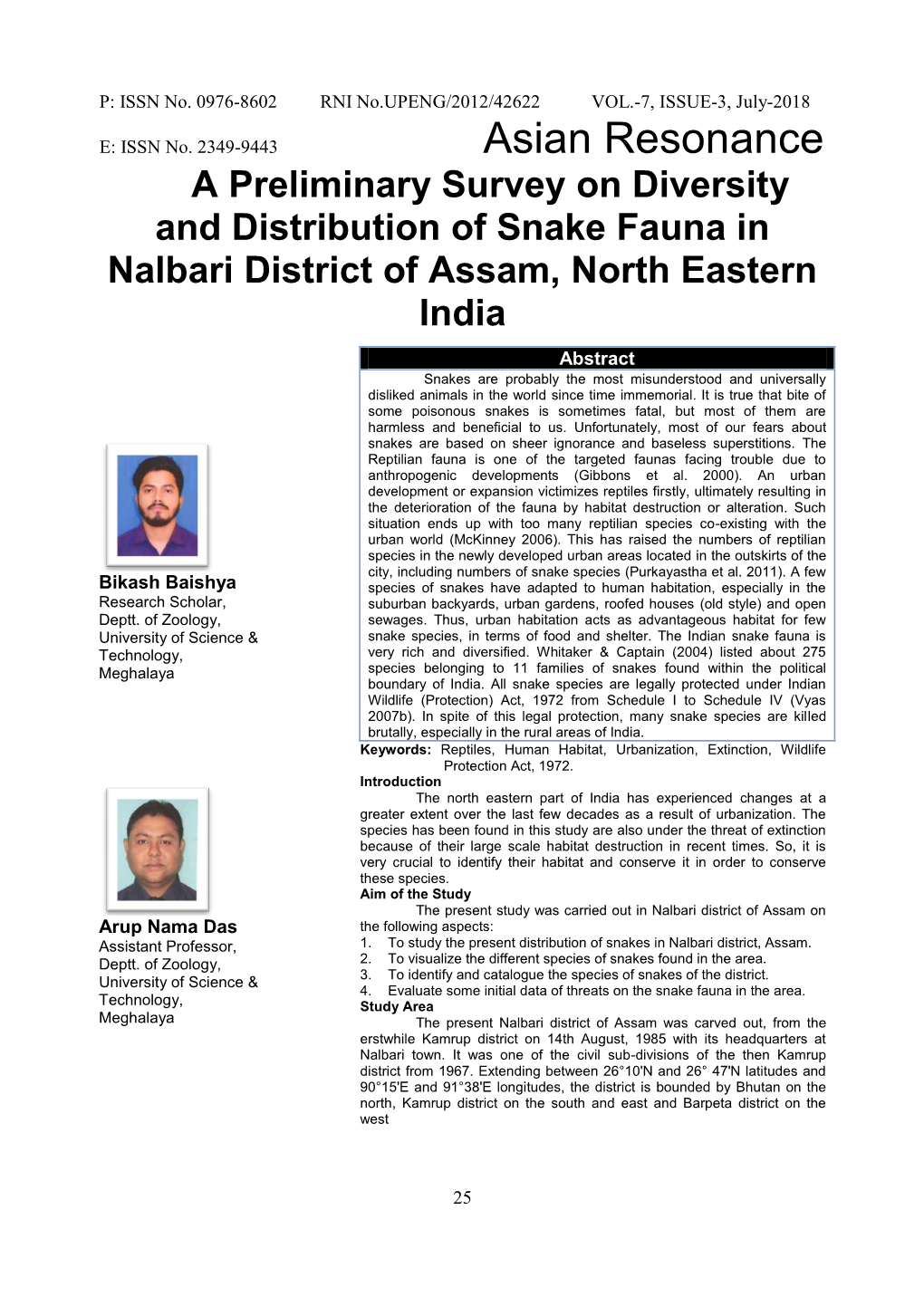 A Preliminary Survey on Diversity and Distribution of Snake Fauna in Nalbari District of Assam, North Eastern India