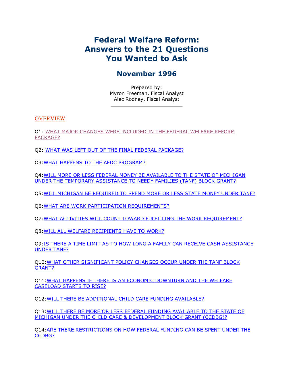 Federal Welfare Reform: Answers to the 21 Questions You Wanted to Ask