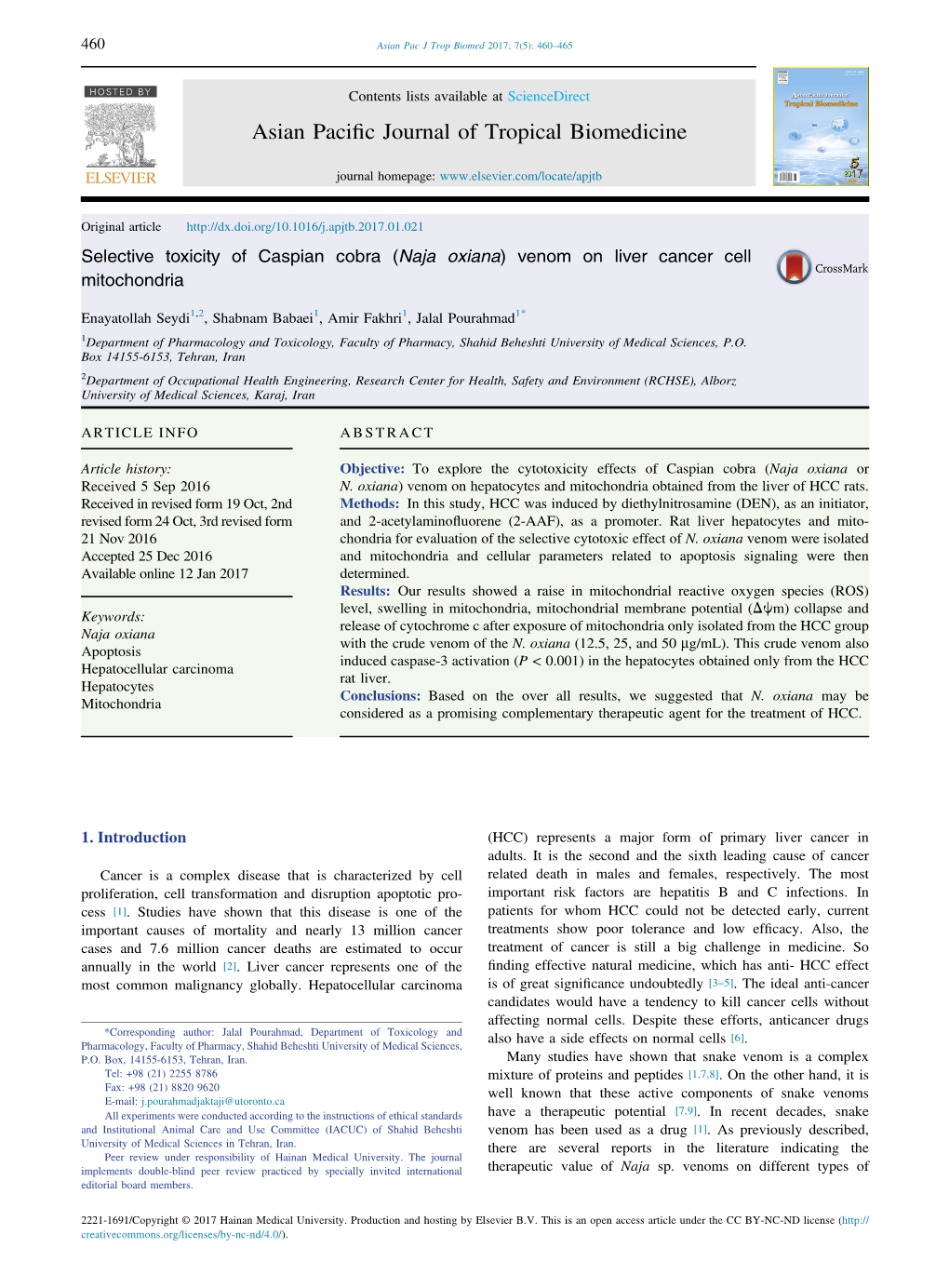 Selective Toxicity of Caspian Cobra (Naja Oxiana) Venom on Liver Cancer Cell Mitochondria