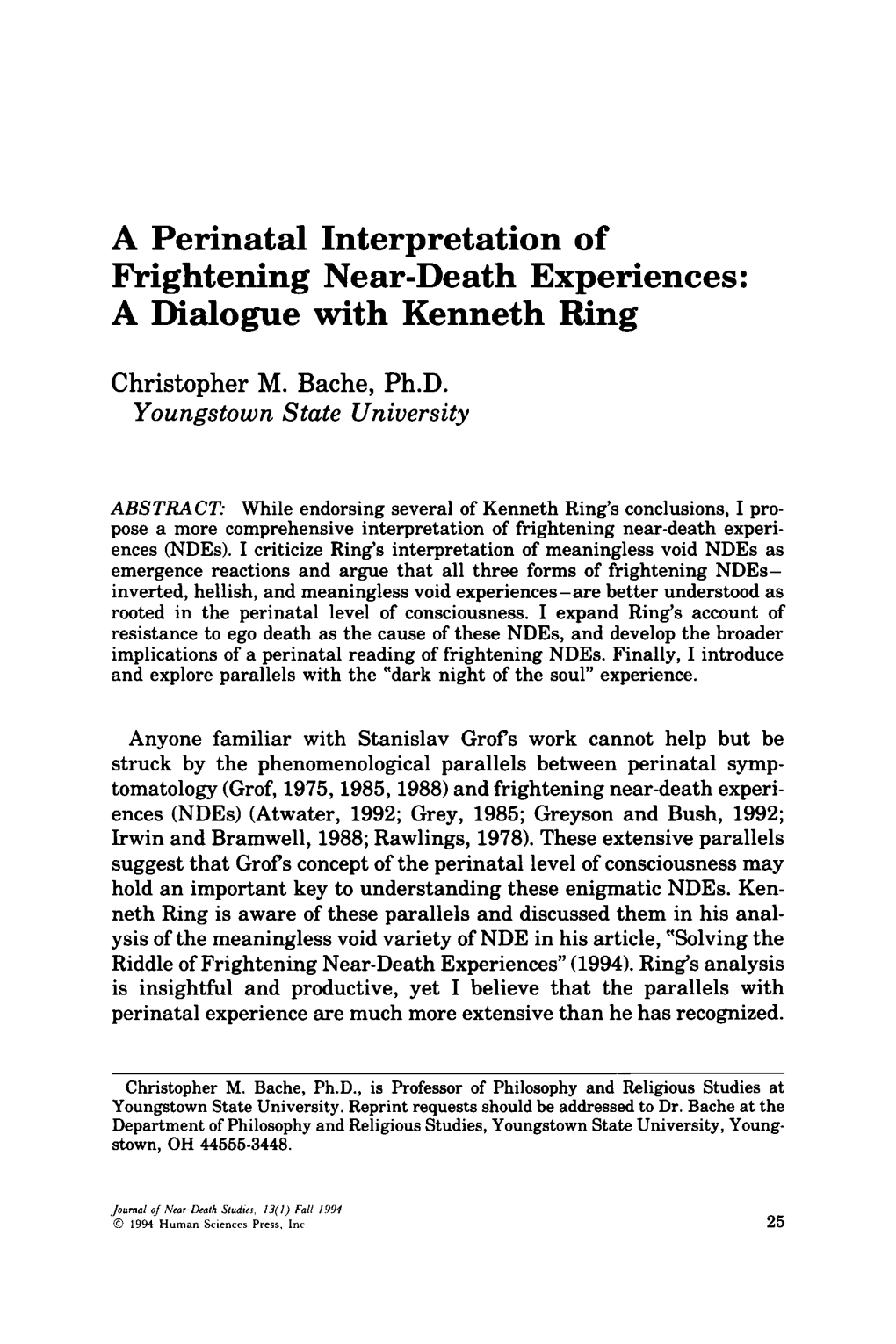 A Perinatal Interpretation of Frightening Near-Death Experiences: a Dialogue with Kenneth Ring