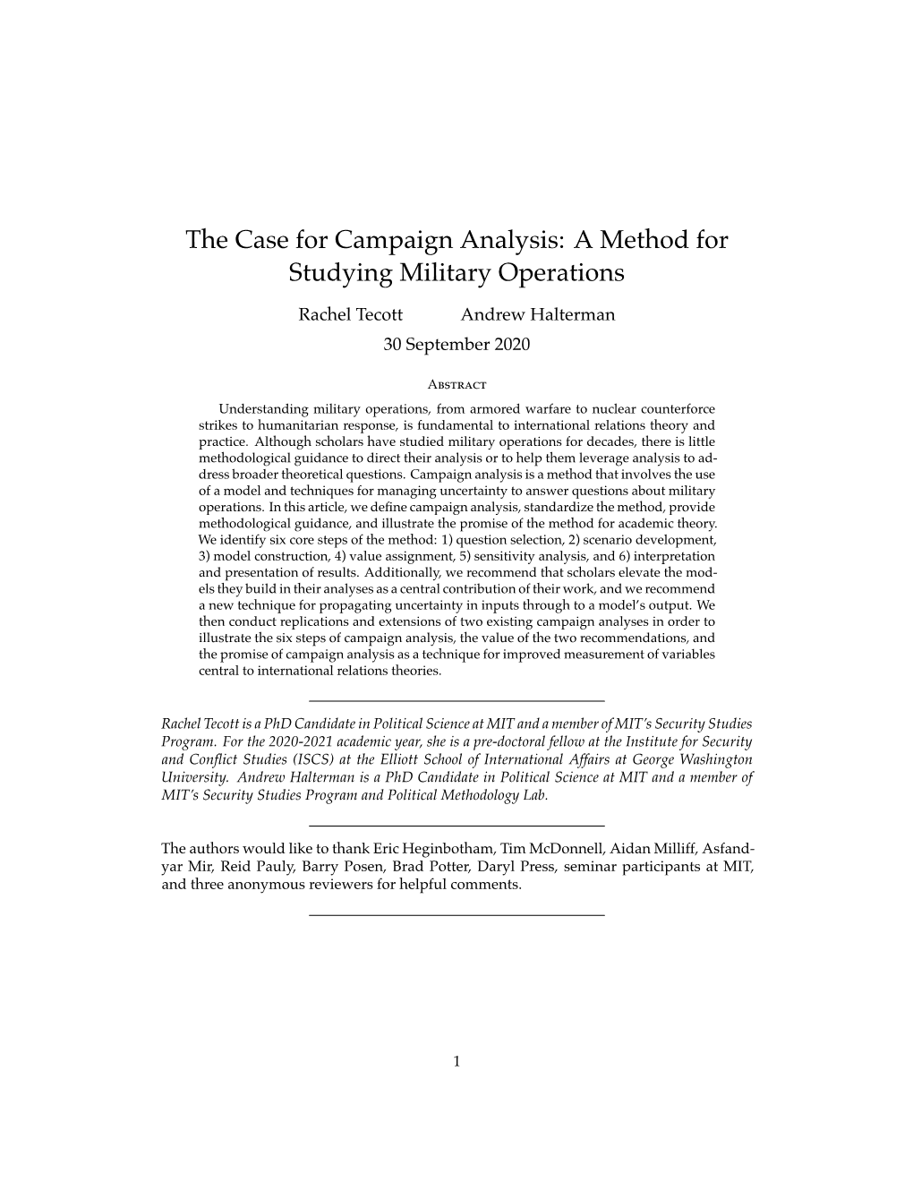 The Case for Campaign Analysis: a Method for Studying Military Operations