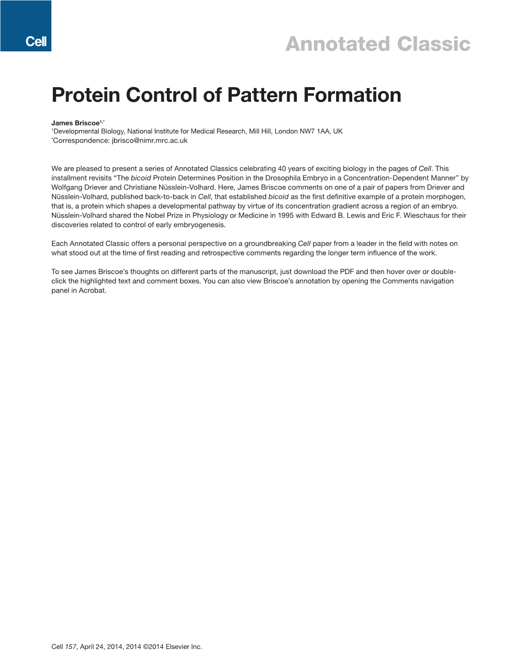 Annotated Classic Protein Control of Pattern Formation