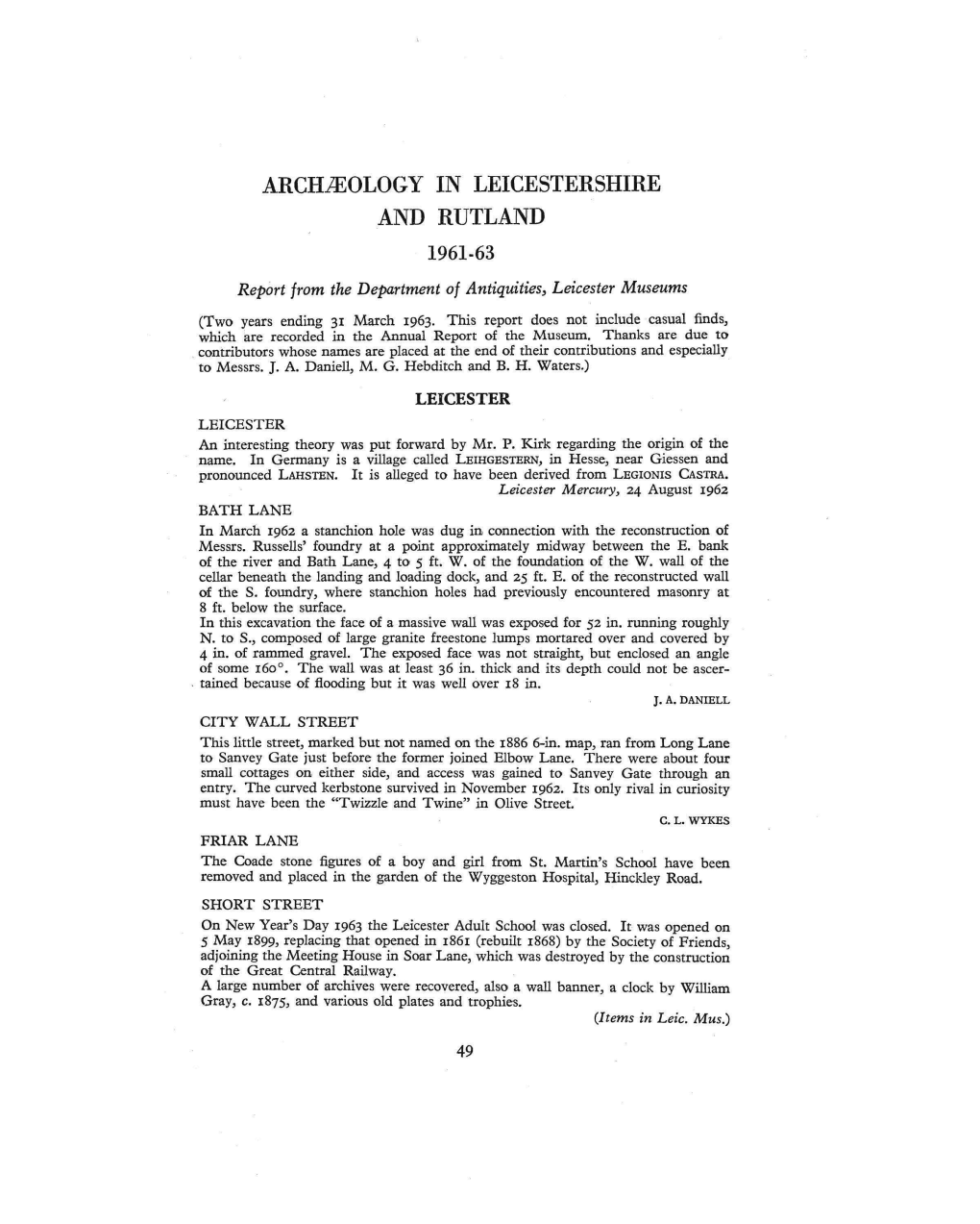 ARCHJEOLOGY in LEICESTERSHIRE and RUTLAND 1961-63 Report from the Department of Antiquities, Leicester Museums